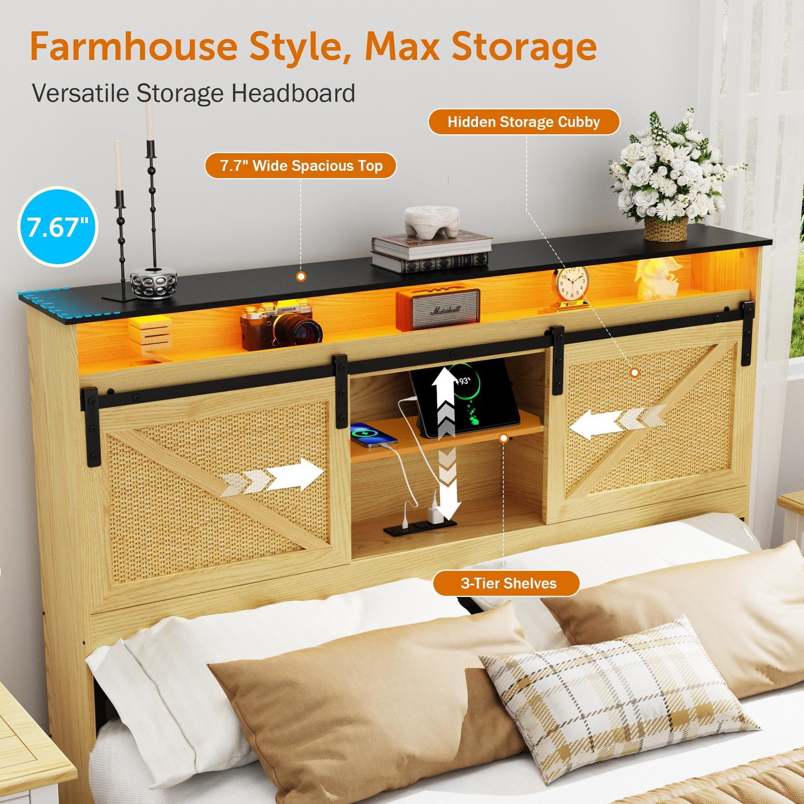 Wood Full Bed Frame with Headboard & Storage Shelf, Holaki Farmhouse Full Size Platform Bed Frame with 2 Drawers, Charging Station & LED Lights, Headboard with Sliding Barn Door, Natural