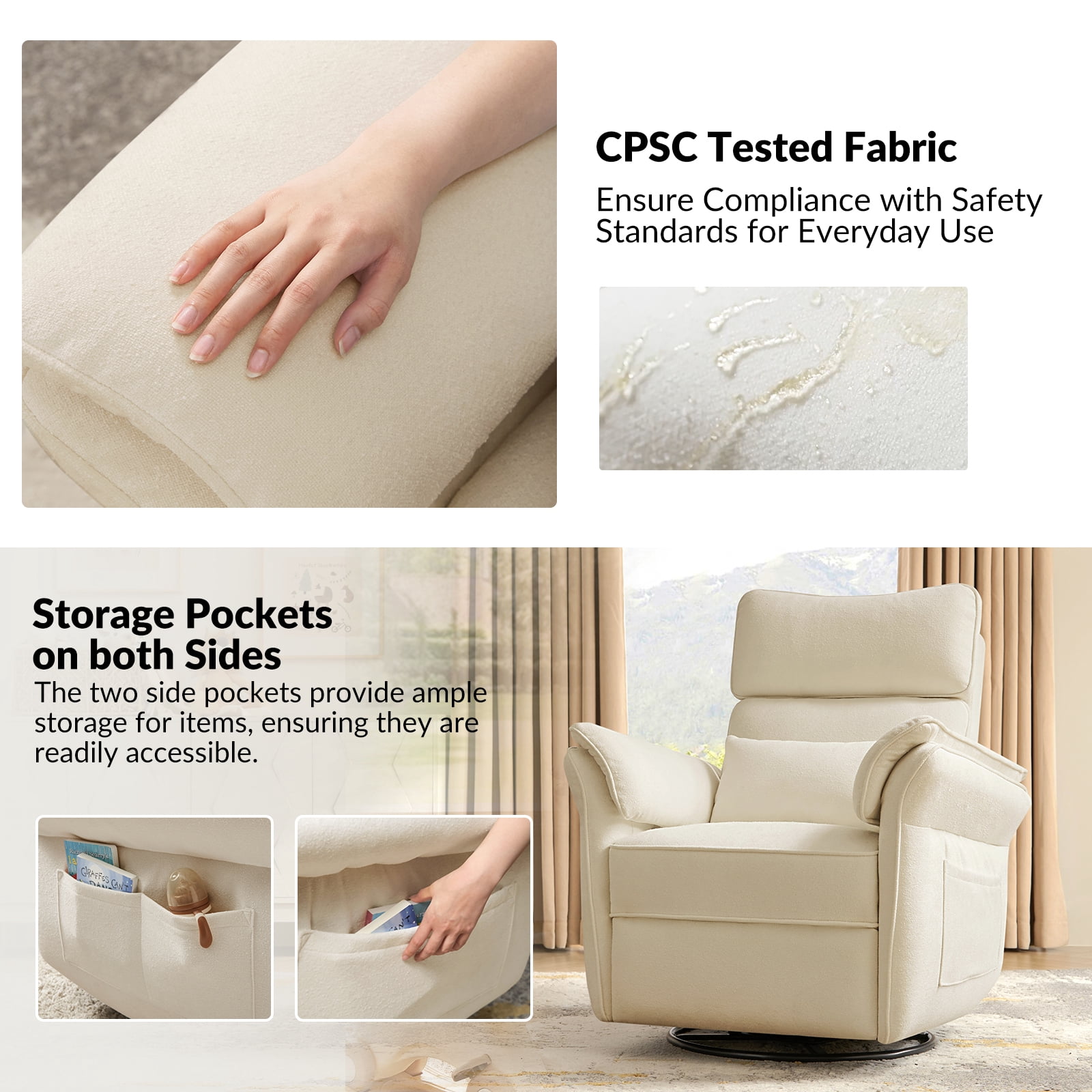 Nursery Recliner Chair Electric Power Glider Swivel Rocking with USB, Waterproof Stain-resistant, Beige