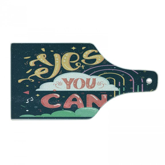 Faith Cutting Board, Inspirational Quoting Yes You Can Cheerful and Vibrant Theme and Stars, Decorative Tempered Glass Cutting and Serving Board, in 3 Sizes, by Ambesonne