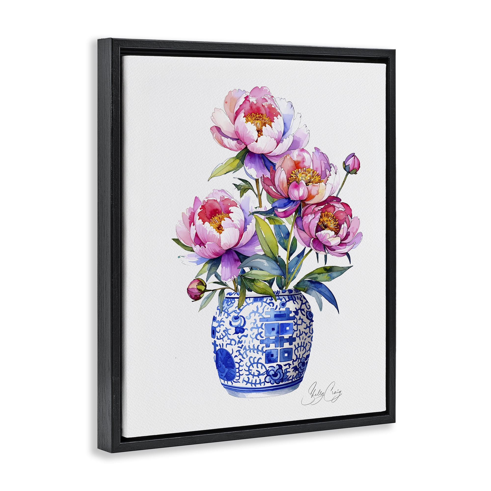 Stupell Industries Blue Dynasty Blooms Black Framed Floater Canvas Wall Art, design by Shelly Craig