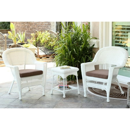 3-Piece White Resin Wicker Patio Chairs and End Table Furniture Set - Brown Cushions