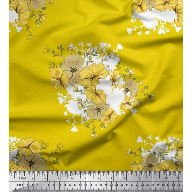 Soimoi Modal Satin Fabric Leaves & Wild Flower Floral Print Fabric by Yard 42 Inch Wide