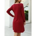 thumbnail image 6 of TEMOFON Women Casual T Shirt Dress Long Sleeve V Neck Solid Simple Loose Fit Dress with Pockets Wine Red Outfit, 6 of 6