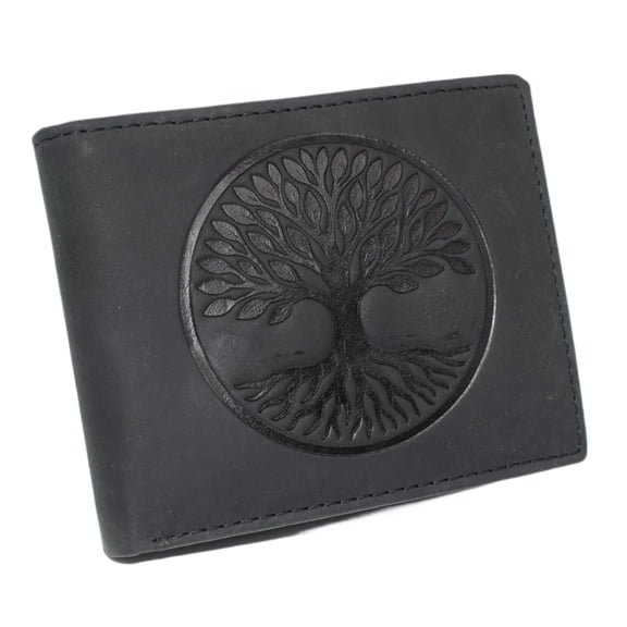MARSHAL RFID Blocking Distressed Leather Bifold Wallet for Men with Tree of Life Design Black