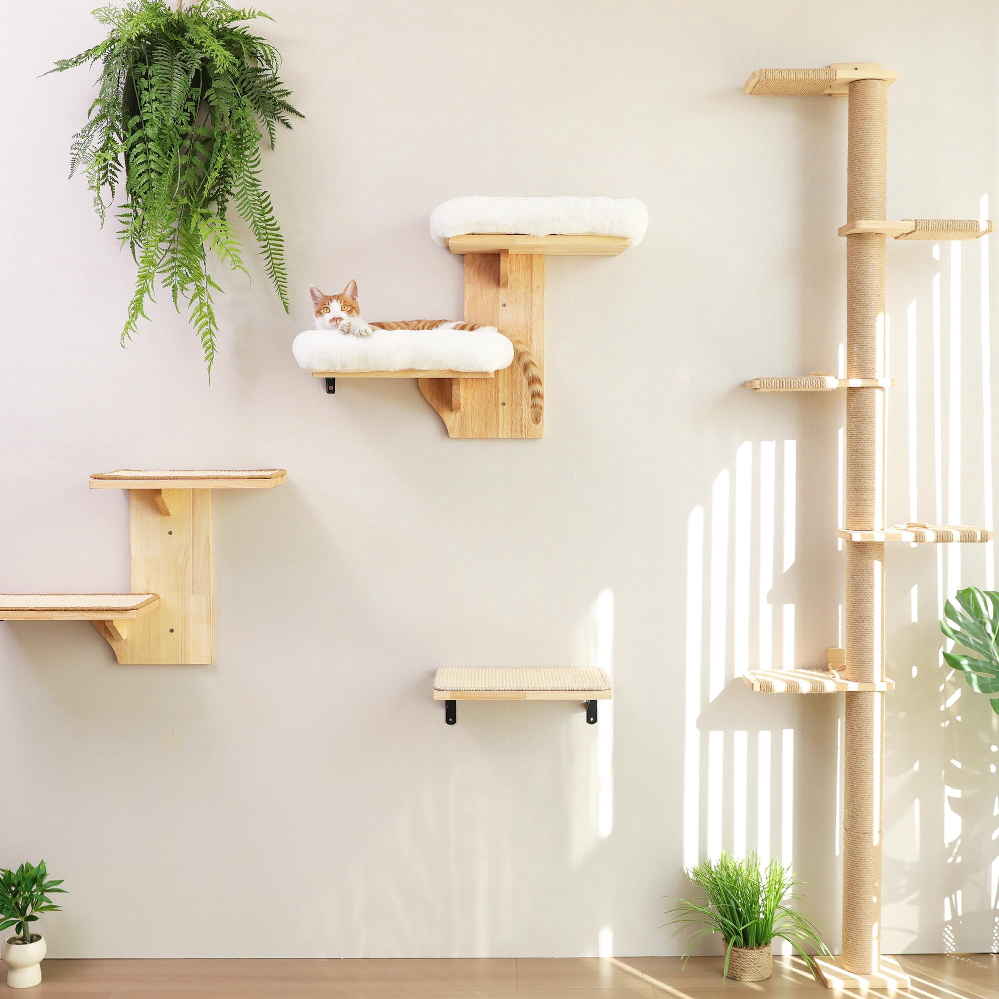Cat Perch Solid Rubber Wood Wall Shelves With White Cushion, 2 Platform Tree Shape Cat Furniture