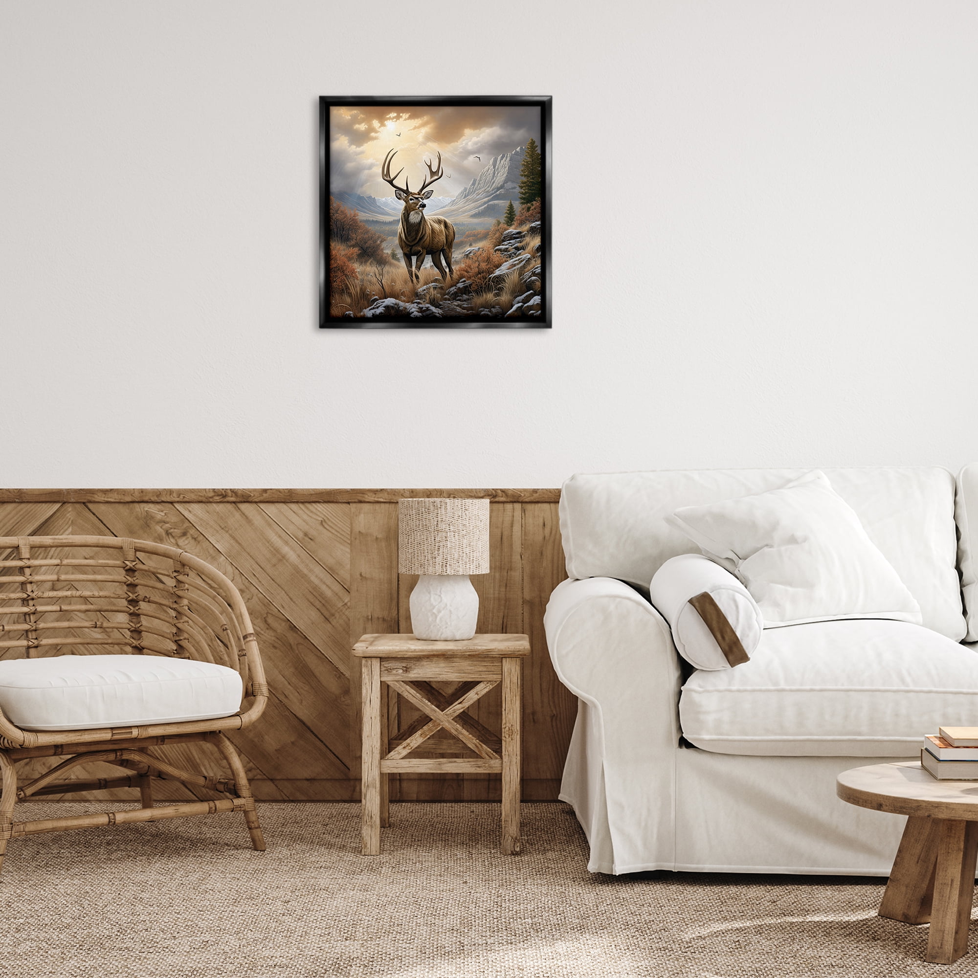 Stupell Industries Majestic Elk Mountain Scenery Landscape Painting Black Floater Framed Canvas Art Print Wall Art, 25 x 25