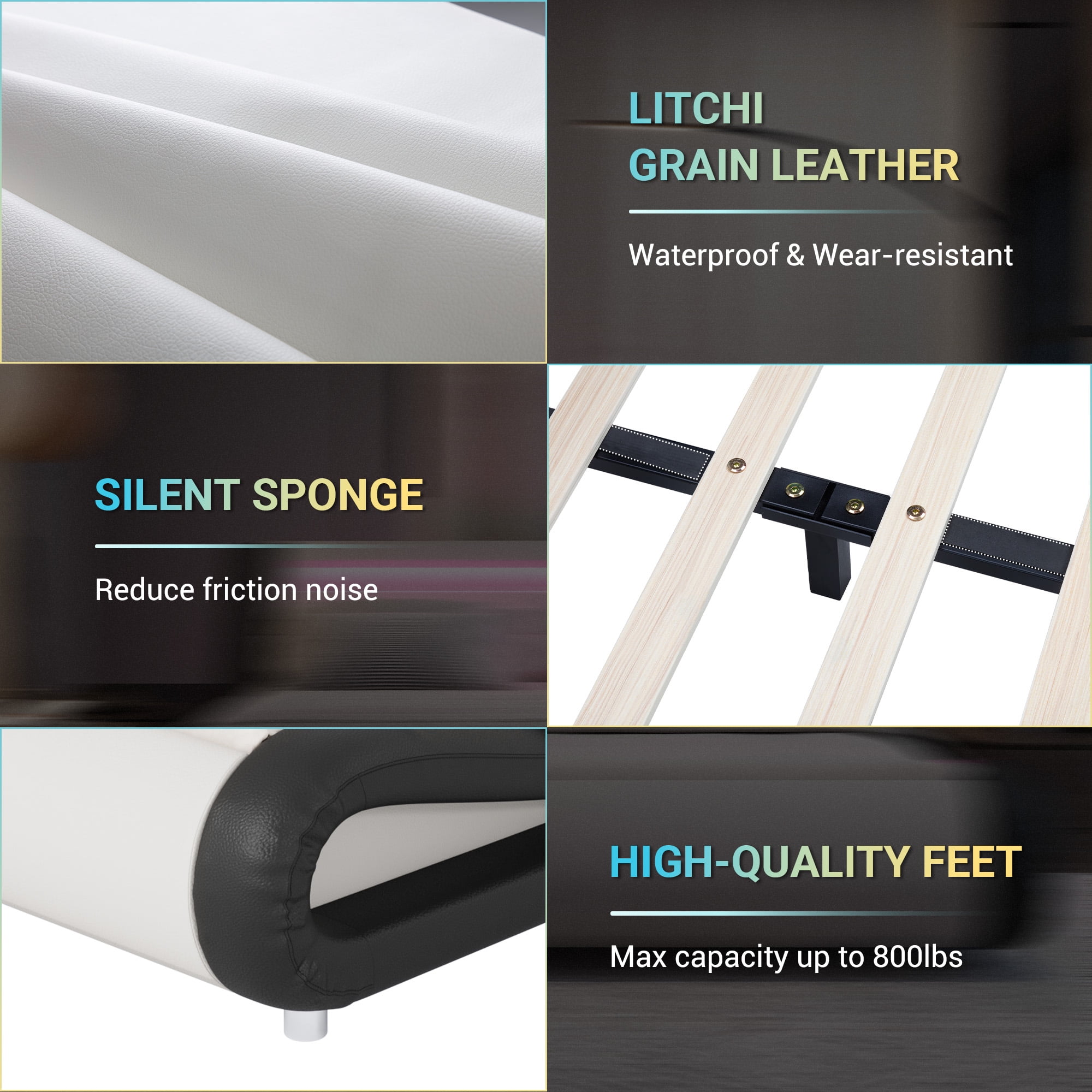 Sifurni Queen size Wave-Like Curve Deluxe Upholstered Modern Bed Frame with LED Headboard, Black+White