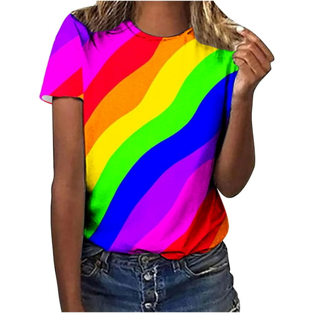 Penkiiy T-Shirt Coloré pour Femmes Col Rond Arc-en-Ciel Manches Courtes Chemise Basique Haut Blouse 2TG Multicolore