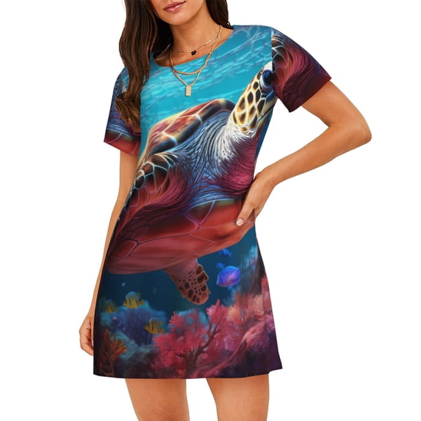 Balery Colorful Ocean Sea Turtle Camisón de manga corta con cuello redondo para mujer, cómodo y elegante.