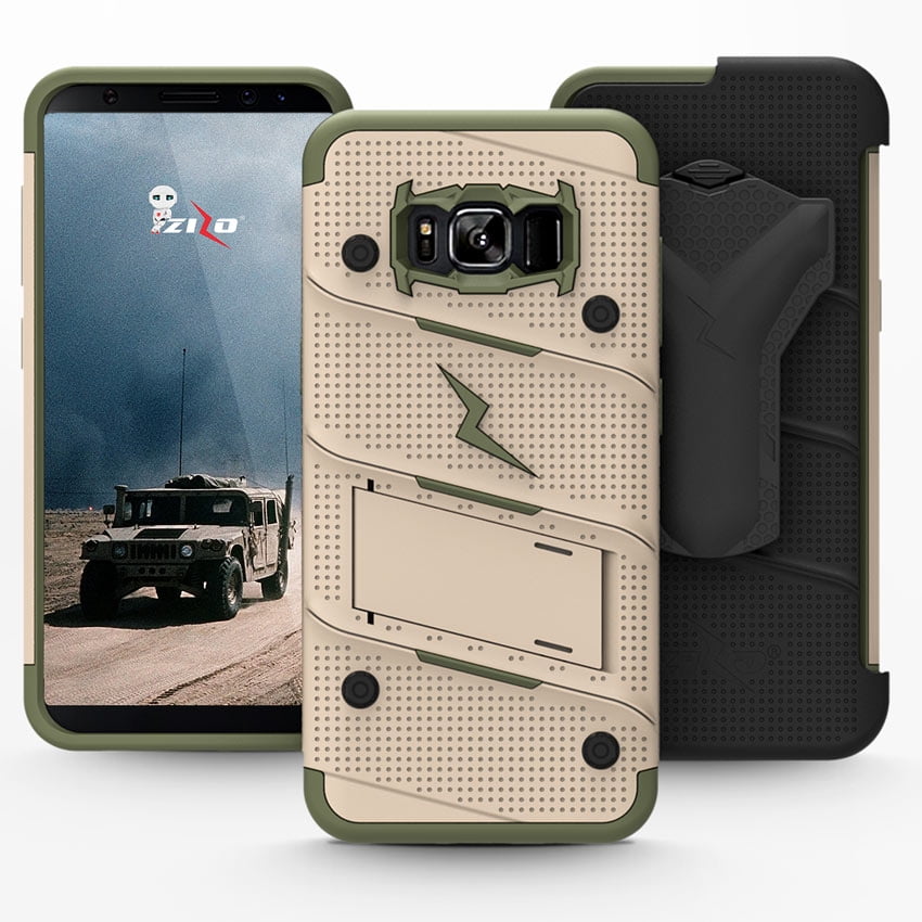 ZIZO BOLT Series Samsung Galaxy S8 Plus Case Military Grade Drop Tested with Tempered Glass Screen Protector Holster TAN CAMO GREEN