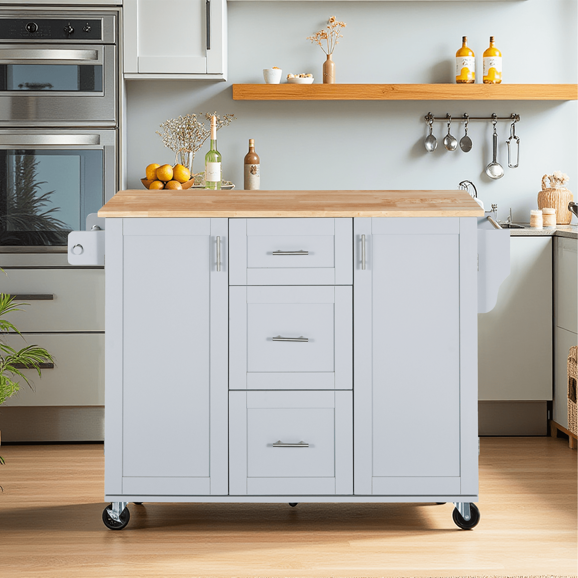 MAYEERTY Kitchen Island on 5 Wheels - Storage Cabinet & 3 Drawers for Dining Room, White
