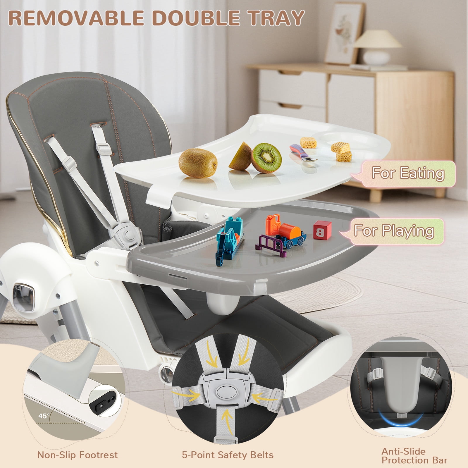 Ktaxon Baby High Chair, Convertible 6 in 1 Baby Highchair with Swing Function for Babies and Toddlers, with 5-Point Safety Harness, Adjustable Dining Tray, Backrest, Footrest & Height, Gray