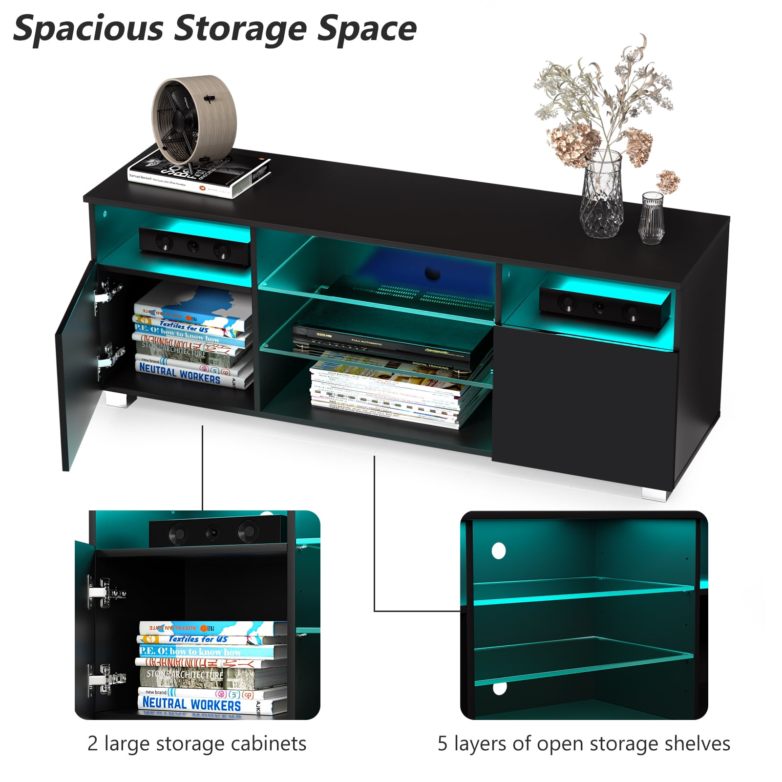 ChVans LED TV Stand for 55 inch TV, High Glass Modern Entertainment Center with LED Lights and Glossy Cabinets