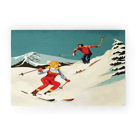 Society6 The Whiskey Ginger Retro Skiing Couple 36" x 24" Welcome Mat