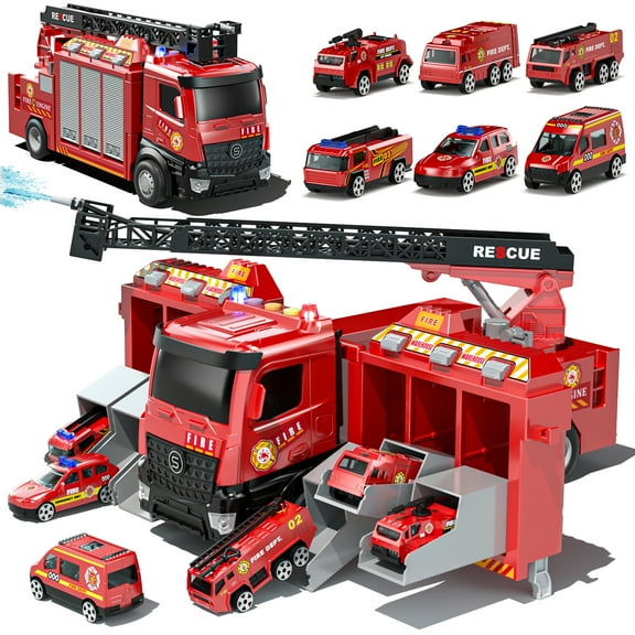 Toy Trucks for Boys 2 3 6 Years, Fire Truck Toys for Toddlers with Lights, Include Ejection Mode, Powerful Storage, Rescue Aerial Ladder, Water Pipes, 6 Alloy Vehicles, Best Birthday Christmas Gifts