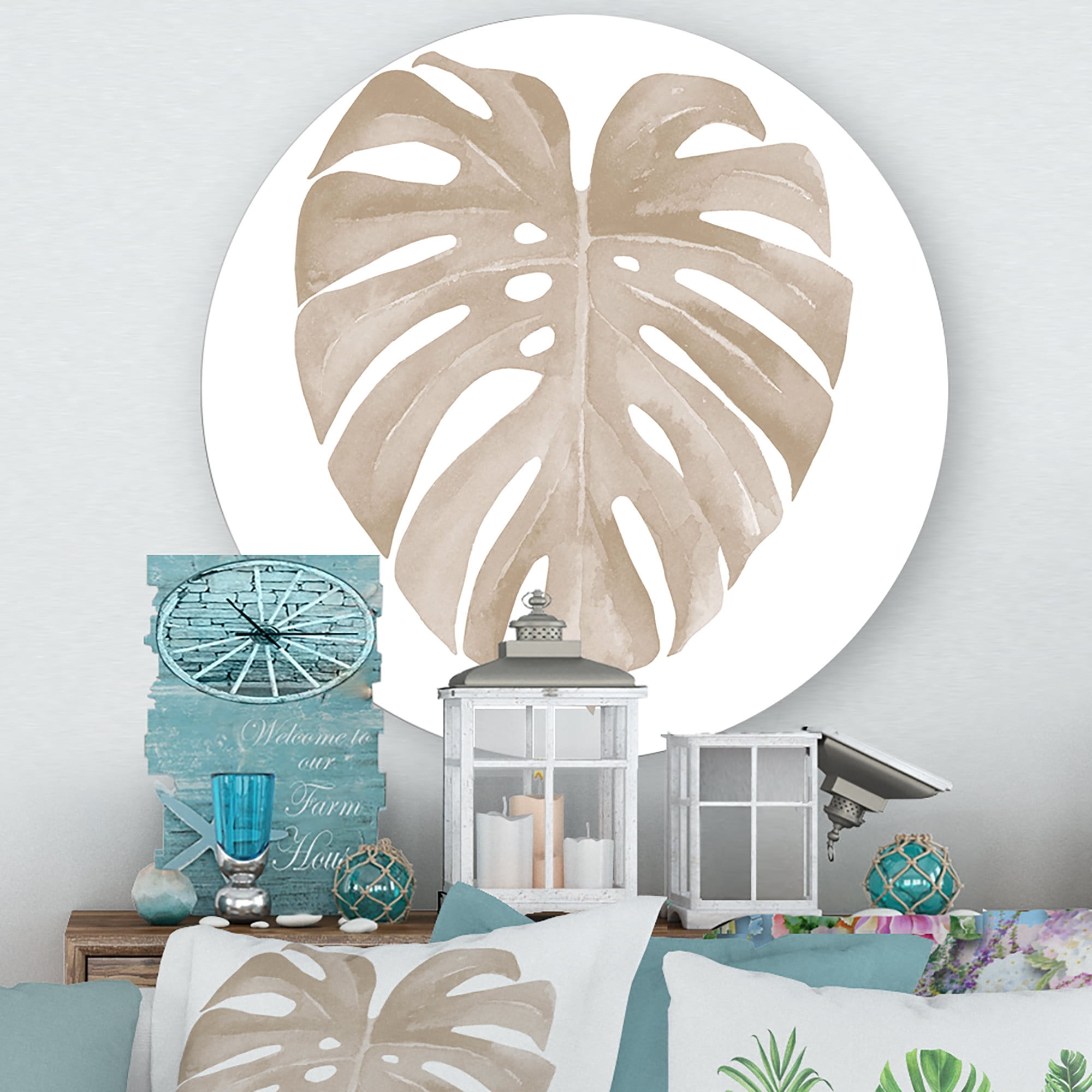 Designart 'Beige Ivory Pastel Monstera Heart Shaped Tropical Leaf' Traditional Circle Metal Wall Art 23x23 - Disc of 23