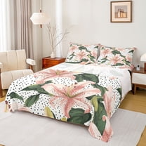 Homewish Pink Flowers Lily 3pcs Twin Sheet Sets For Teens Female Girls,Spring Garden Twin Fitted Sheet,Polka Dots Breathable Flat Sheet,Lightweight Room Decor