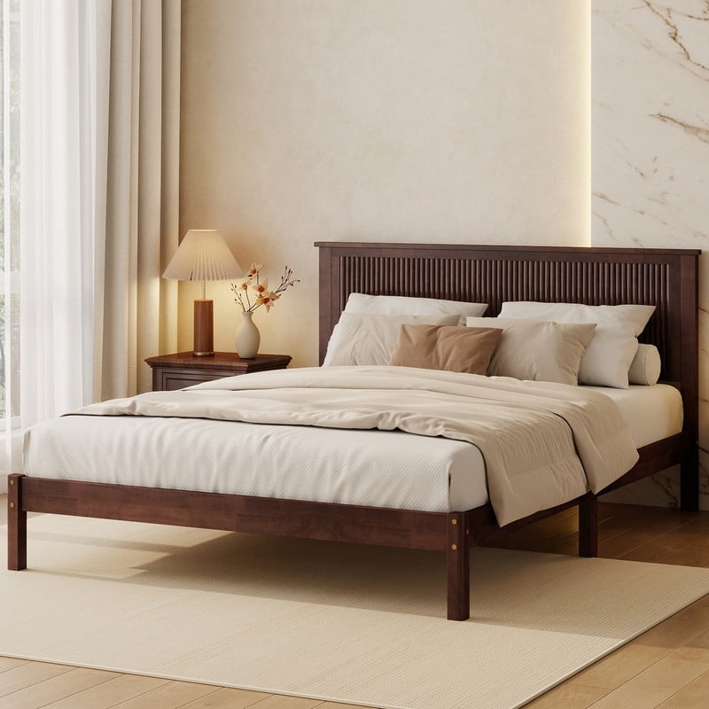 Queen Size Wood Bed Frame with Wave-Fluted Headboard, Low-Profile Platform Bed with Central Support Legs and Under-Bed Space