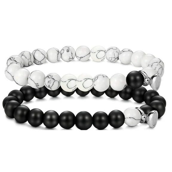 Handmade Couple Bracelet Set - Turquoise, Pink Quartz, Black & White Beads with Magnetic Heart
