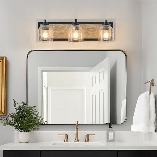 ACE-LIGHTS,3-Light Farmhouse Vanity Light Fixture,Bathroom Wall Sconce(Bulb Not Included) with Clear Seeded Glass Shades,Modern Industrial Design for Bathroom,Bedroom,Entrance,Passage(Black)