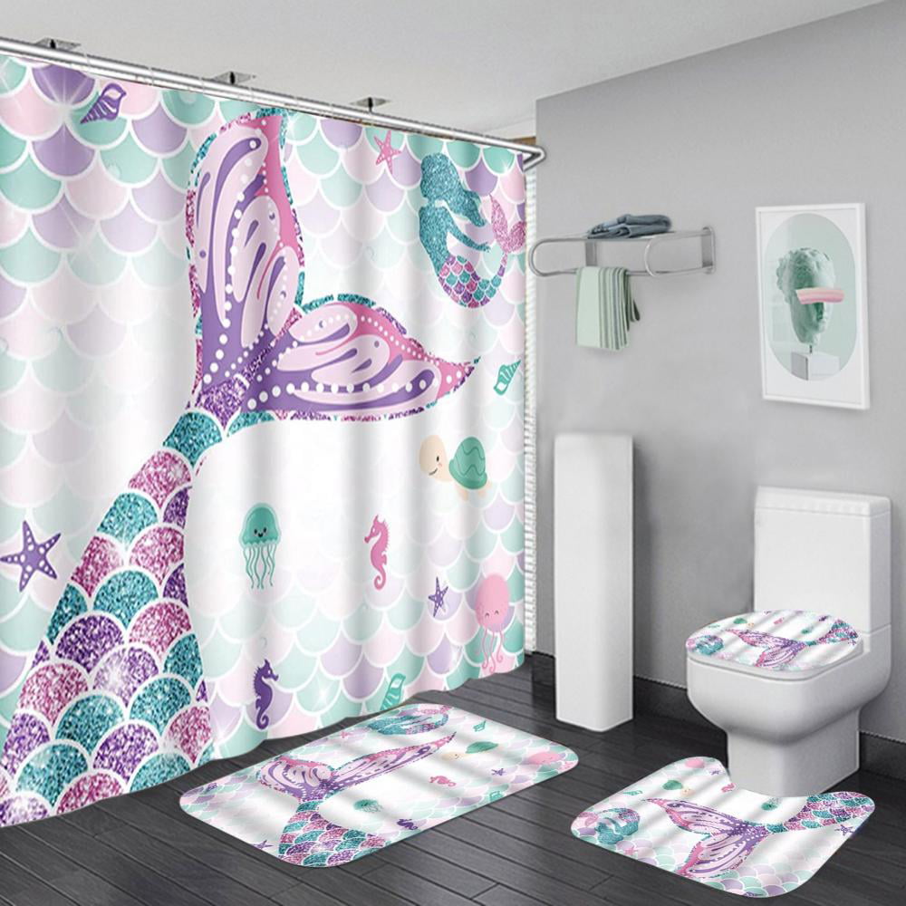 Mermaid Bathroom Rug Set Shower Curtain Thick Bath Mat Non-Slip Toilet Lid Cover 