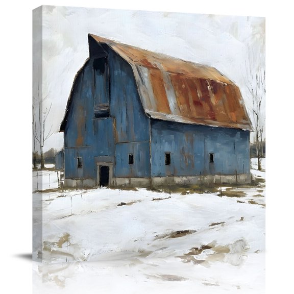Wall Art Prints, Blue Brown Barn Framed Canvas Prints for Bedroom Living Room Bathroom Office, Winter Farmhouse Country Gallery Wrap Wall Art Poster for Gifts Home Decor 12"x12"