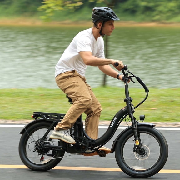 ESKUTE Black Electric Bike for Adults – 750W Motor, Folding 20x3 Fat Tire E‑Bike,48V 10.4Ah Battery, Step‑Through Cargo Fold Ebike, NFC Unlock, 20 MPH, 7‑Speed, Up to 55 Miles