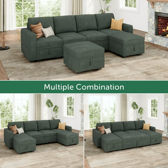 HONBAY 101.4” U-Shaped Corduroy Sectional Modular Sleeper Sofa with Pull-Out Bed and Hidden Storage, Green