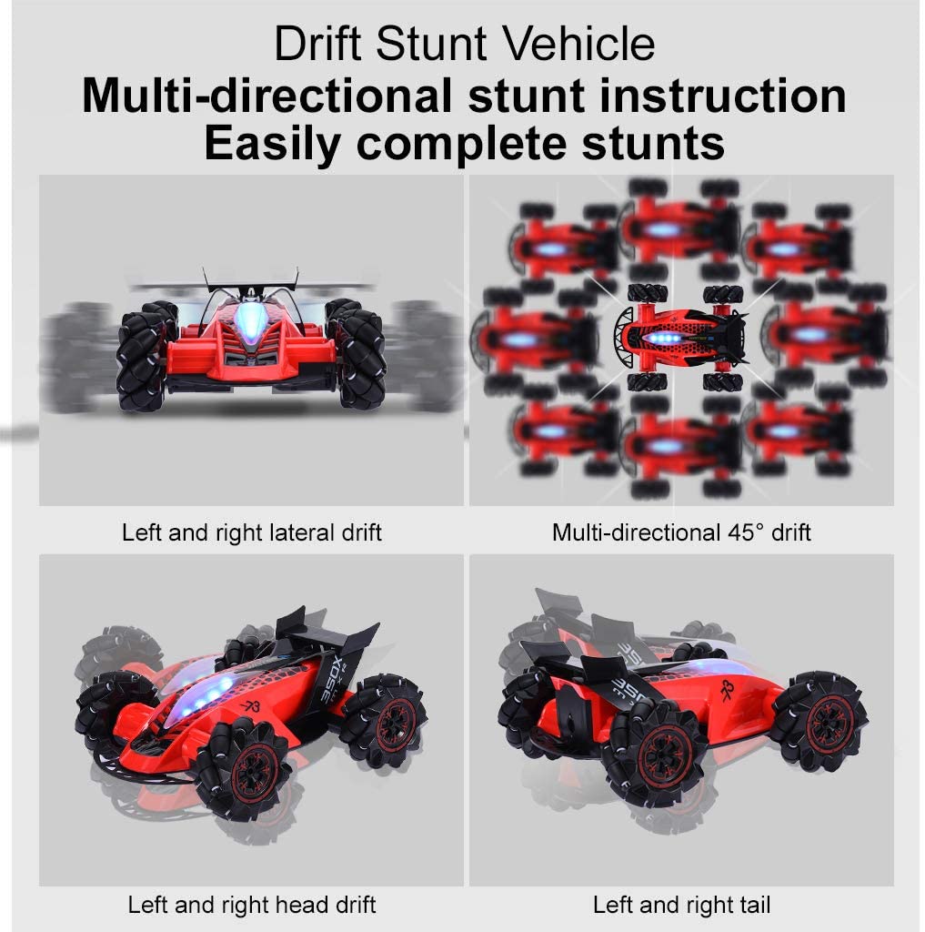 HILLO 2.4G RC Drift Stunt Car 4WD Multi-Direction LED High Speed Off-Road Vehicle With Tail Glowing Water Vapor Jet - Handle Remote Control And Watch Style Gravity Remote Control Included (Red) - image 4 of 10