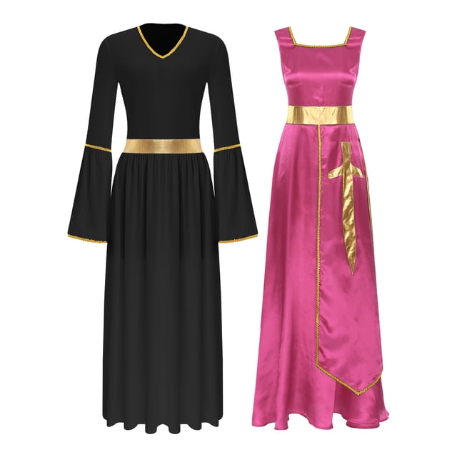Kaerm Tunique de Danse pour Femmes, Robe Maxi de Danse avec Manches Longues, Rose Vif&Noir m