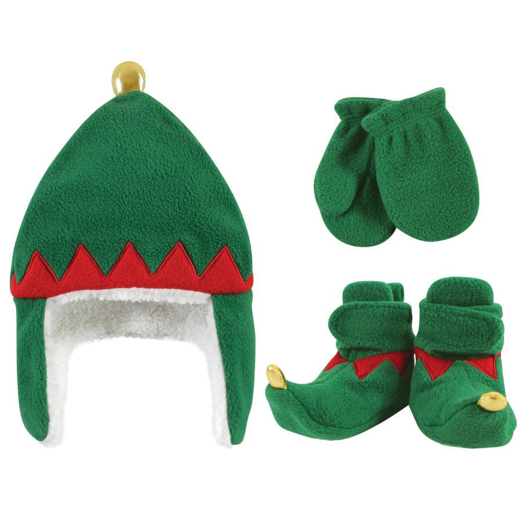 Hudson Baby Toddler 6pc Trapper Hat, Mitten and Bootie Set, Green Elf Reindeer, 12-18 Months