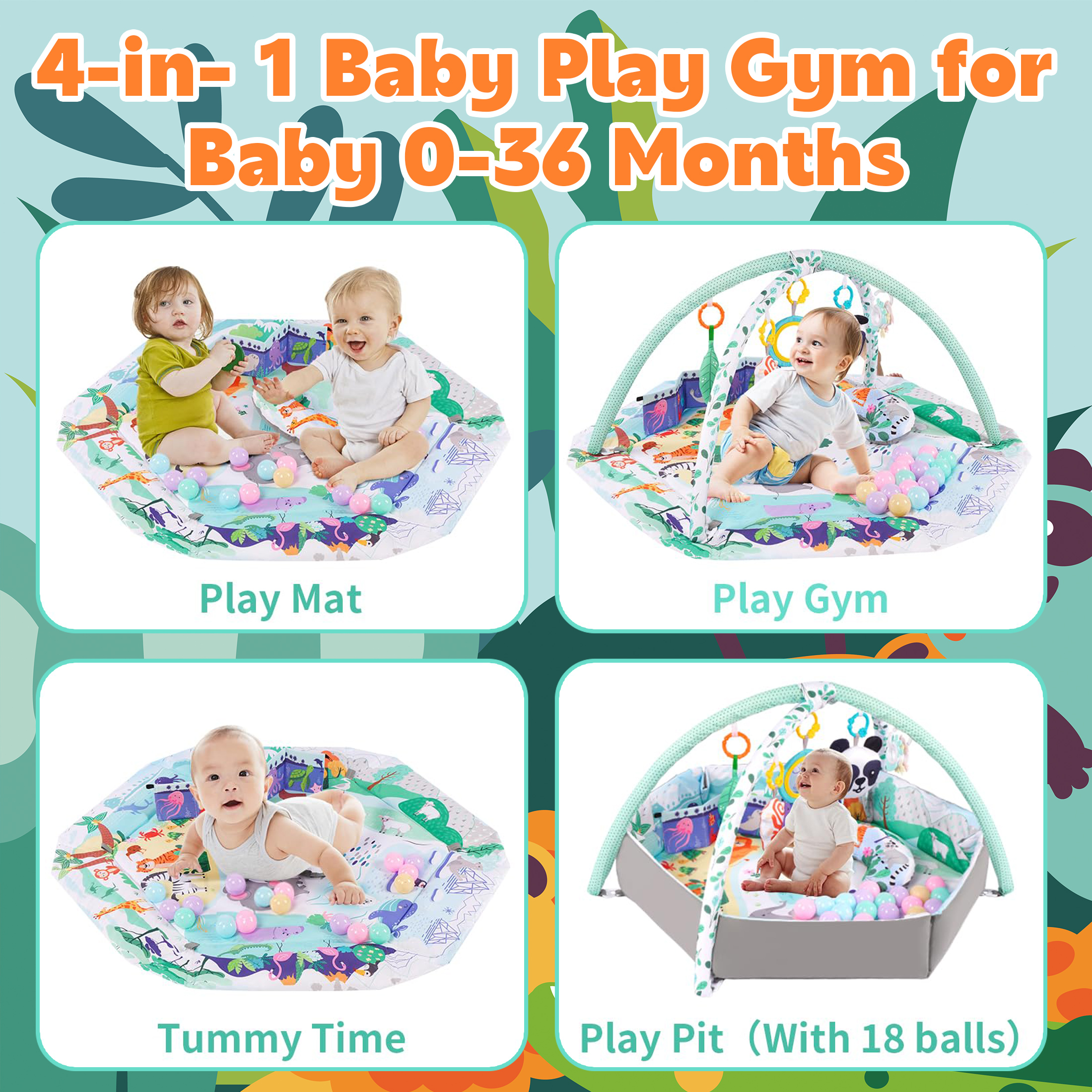 YoYFUN 4-in-1 Baby Play Gym Activity Mat, Green photo 2