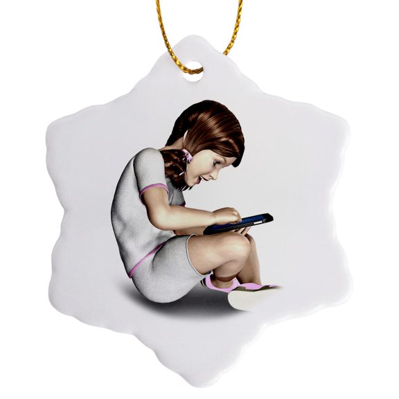 3drose, Girl Using a Tablet, 3 inch Snowflake Porcelain Ornament