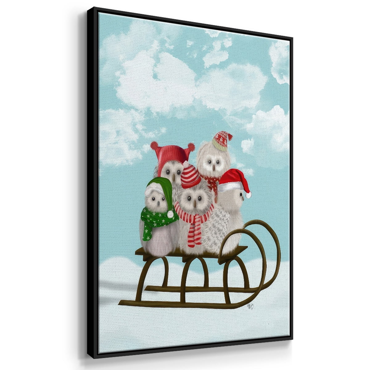 Christmas Christmas Owl Sled - Framed Gallery Wrapped Holiday Canvas - 27 x 41 - Black Frame