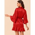 thumbnail image 3 of DARING DIVA Women's Satin Silky 3/4 Sleeves Tie Waist Loungewear Robes L Deep Red, 3 of 6