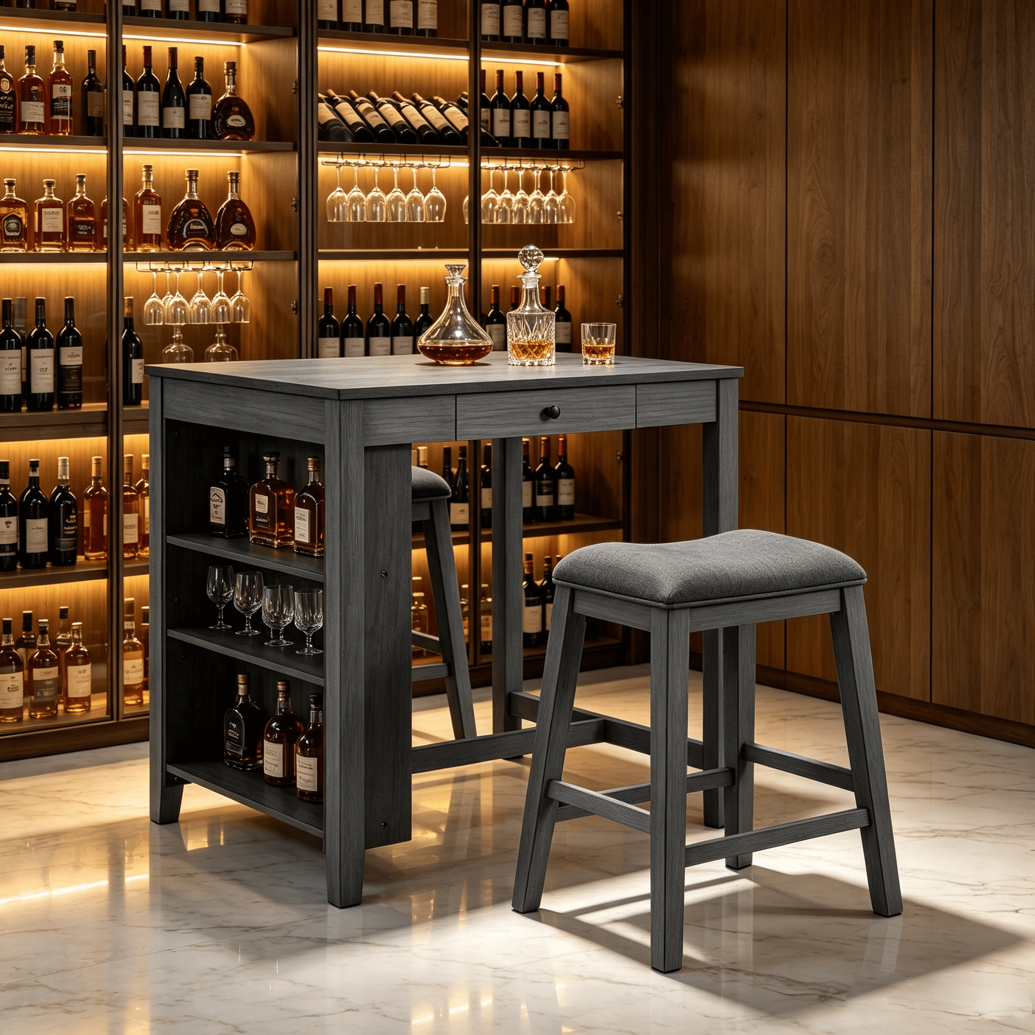 36" Height Bar Table Set with Power Outlet, Industrial coffeeTable with 2 Padded Stools, 3 Piece Bar Table and Chairs Set for Living Room, Dining Room, Brown