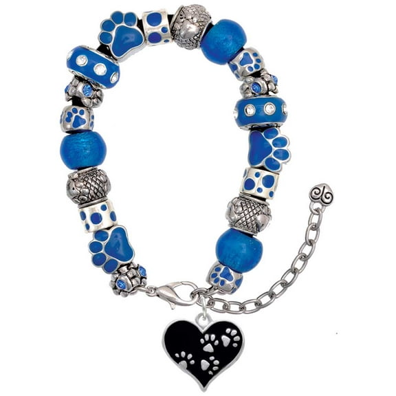 Delight Jewelry Black Enamel Heart with Paw Prints Blue Paw Print Bead Bracelet, 7" 2"