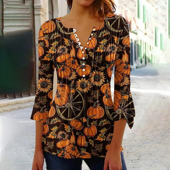 Jsaierl Halloween Shirts for Women Spooky Pumpkin Ghost Graphic Tees Soft V Neck T-shirt 3/4 Sleeve Dressy Casual Blouse Tops Halloween Costumes