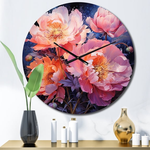 Designart "Pink Peonies Charm III" Floral Oversized Wall Clock
