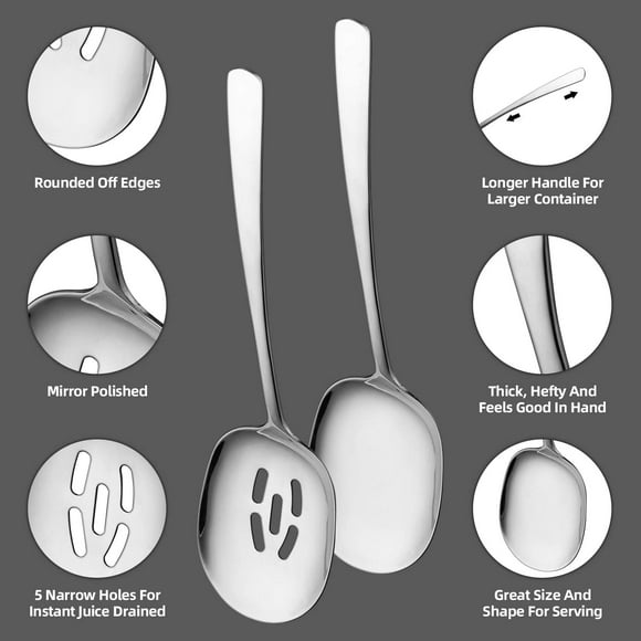 Large serving spoon set, slotted spoon and serving spoon, high-quality spoon silverware, cooking spoon, pasta spoon, mixing spoon, food grade 18/8 stainless steel, 2 pieces