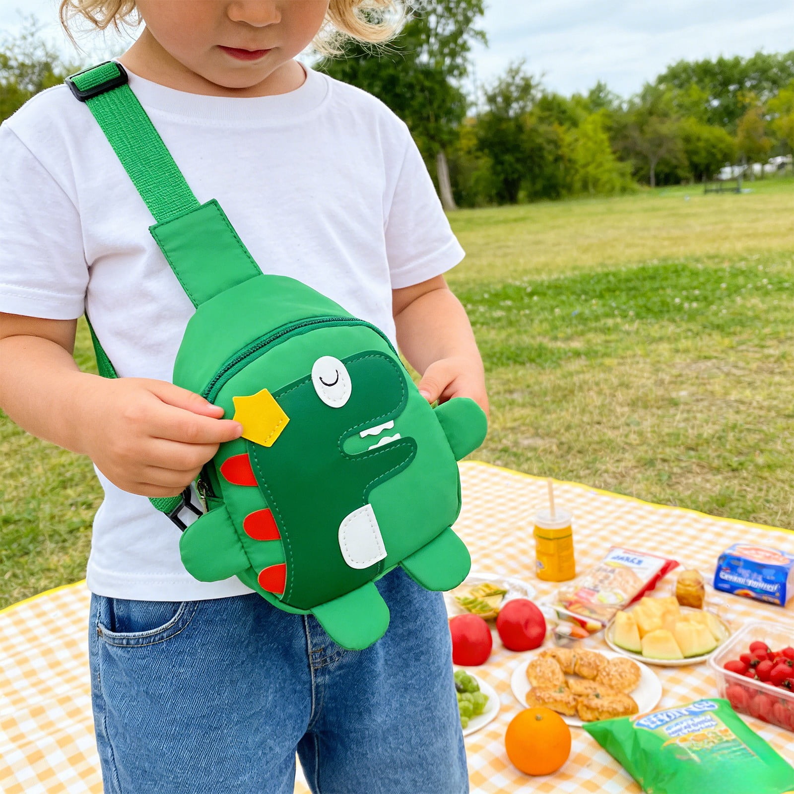 ROLKFUK Cute Dinosaur Crossbody Sling Bag for Ki-ds Tod-dler Bo-ys Gi-rls Lightweight Nylon Adjustable Chest Purse Shoulder Strap Travel Daycare Essentials Green