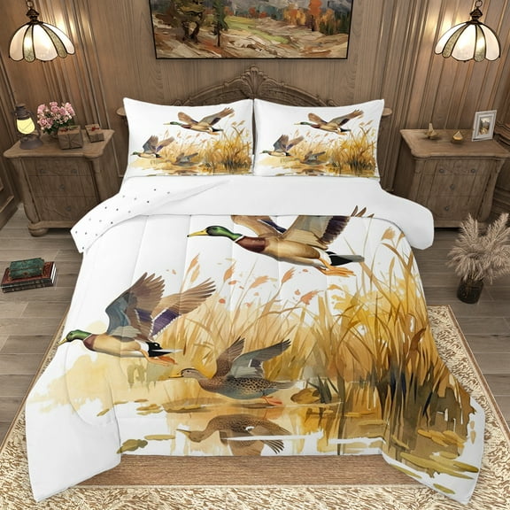 Homewish Flying Mallard Duck Bedding Comforter Set,Rustic Farmhouse Cabin Twin Comforter Sets,White Brown Bedding Set For Kids,Microfiber Bedroom Decor Reversible,2-Piece