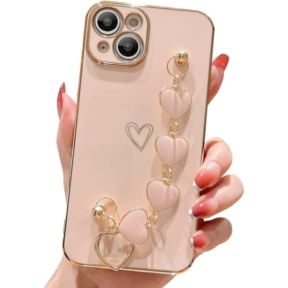 Compatible with iPhone 14 Case Cute Sparkling with Light Heart Bracelet Plating Protect The Camera Soft TPU Apply to iPhone 14 Case Ladys, Girls and Women (Pink)