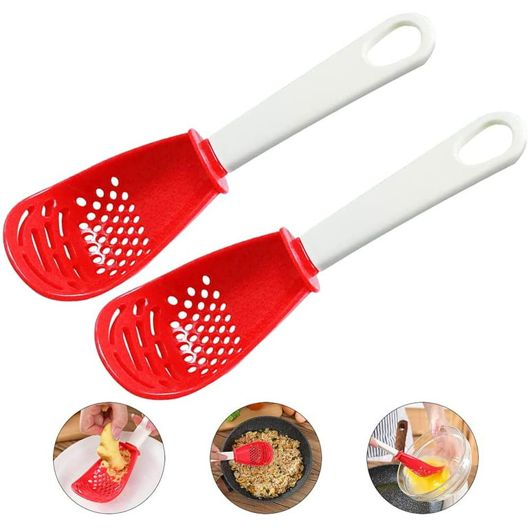 Multifunctional Cooking Spoon, Kitchen tools，Skimmer Scoop Colander  Strainer Grater Masher, Non-toxic, Heat-resistant, for Cooking, Draining,  Mashing, Grating (red red) 