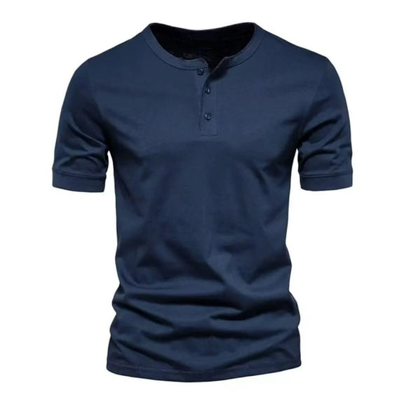 SWSMCLT Men's Short Sleeve T Shirt Tight T-shirt Plain Cotton Slim Fit Top Basic Soft Casual Fitted Henley Shirt Summer 3 Button Classic Navy Blue Large
