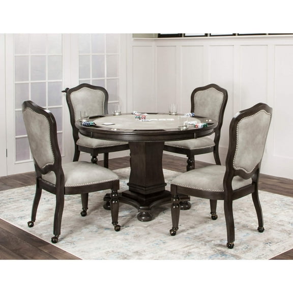 Round Dining & Game Table Set - 48" Reversible Top - Gray Wood Finish - Caster Chairs - Nailhead Trim
