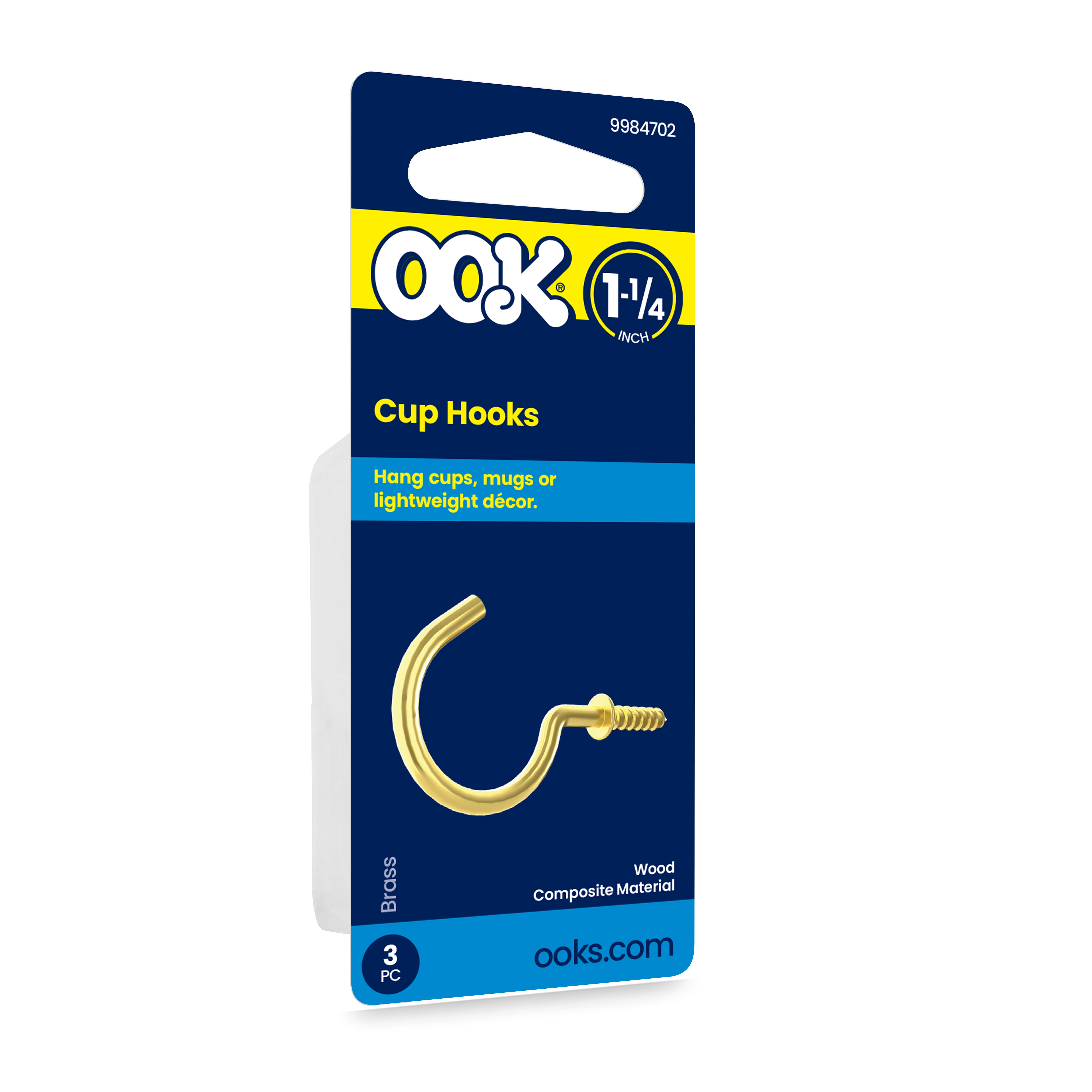 (3 pack) Ook Cup Hooks, 1-1/4", 1 lbs, Screw Hooks, Steel, Brass Finish, Gold, 3 pack