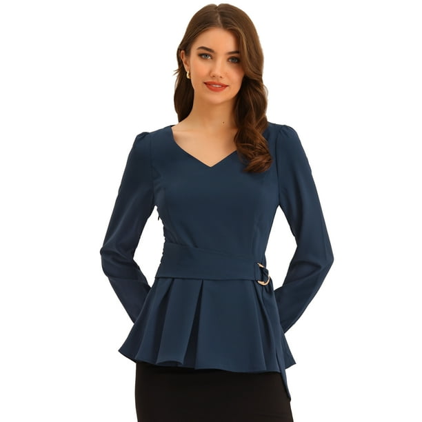 Blusa de Manga Larga con Escote en V y Cinturón para Mujer Azul marino XS