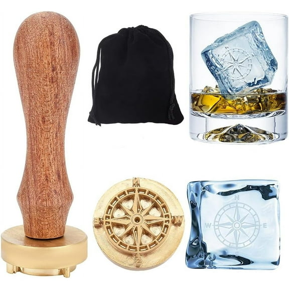 Ice Stamp 1.2 inch Cube Stamp Compass Ice Stamp with Velvet Pouch Cocktail Ice Branding Stamp Ice Block Stamp Cocktail Seal Stamp for Ice Cubes Making DIY Crafting Golden