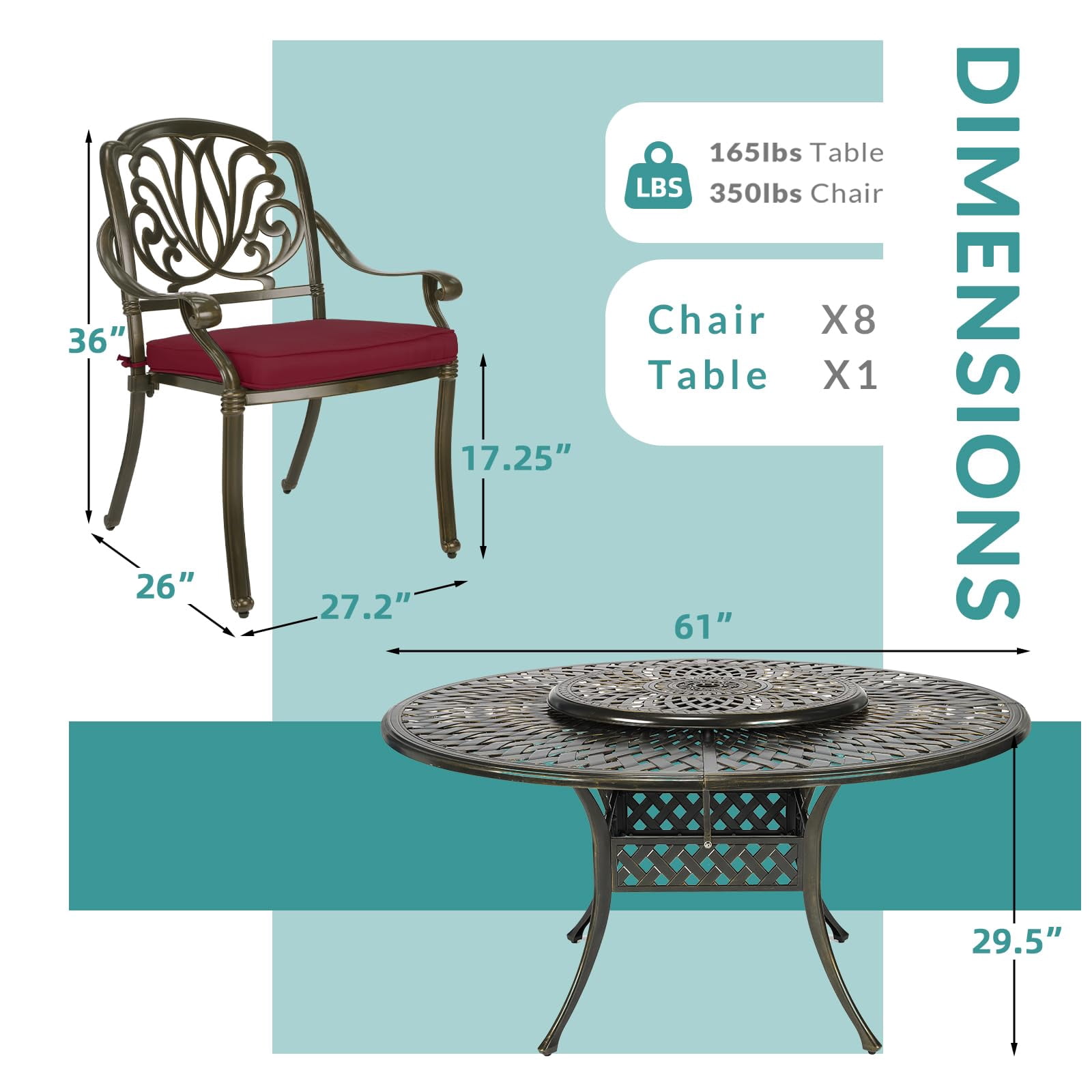 MEETWARM 9-Piece Outdoor Furniture Dining Set, All Weather Cast Aluminum Patio Garden Set- 8 Cushioned Chairs, 61" Round Patio Dining Table with Detachable Lazy Susan, 2" Umbrella Hole, Chili Red